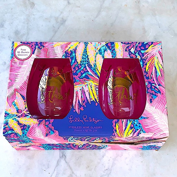 LILLY PULITZER STEMLESS WINE GLASSES SET TWO ZIBRA’S “HERD THAT” GOLD FOIL NIB - Picture 6 of 7